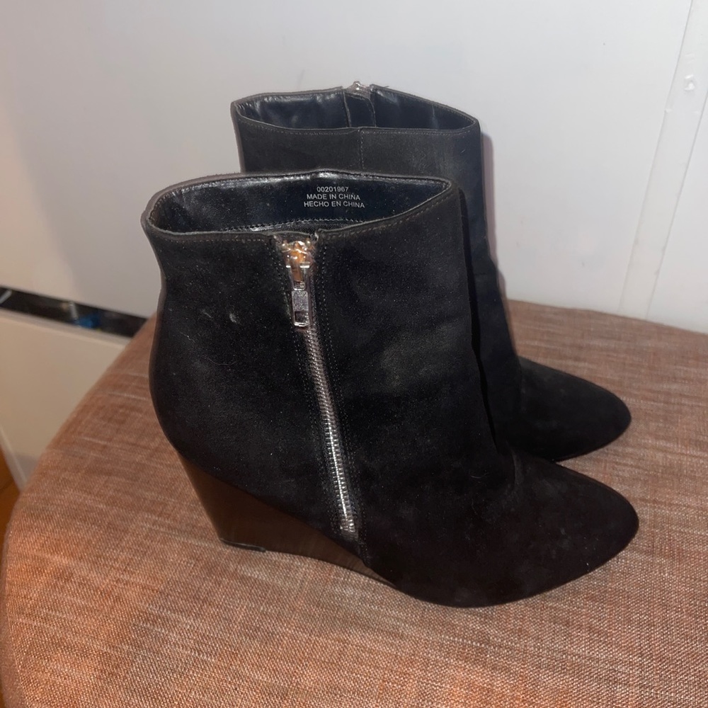 Black faux suede pointy toe wedge booties